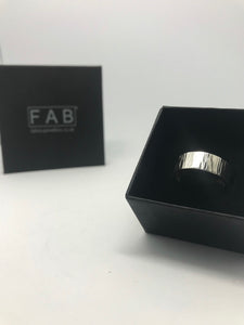 Linear 925 Sterling Silver Textured Handmade Ring Shown In Black FAB Logo Jewellery Box.