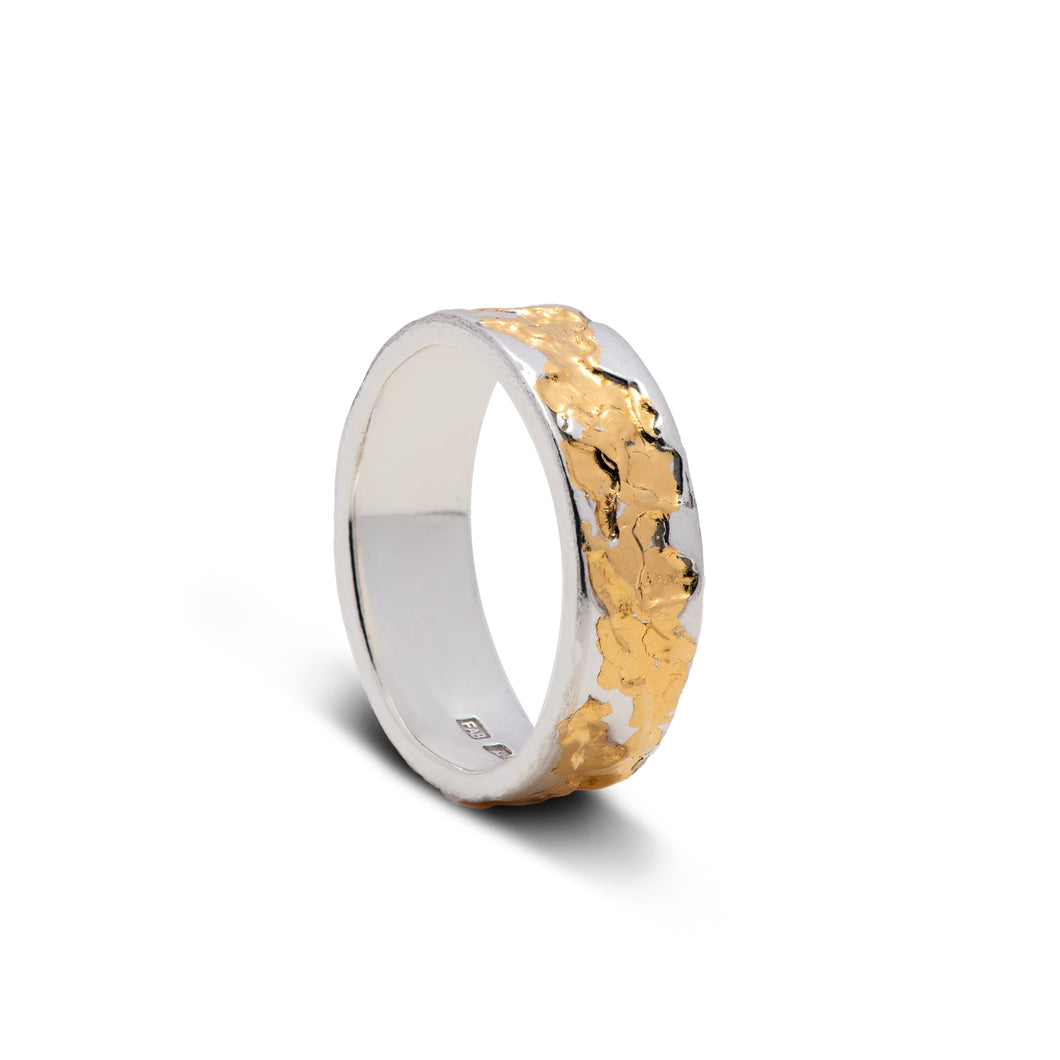  Handmade Sterling Silver 24k Gold Textured Mens Ring 8mm Width Shining On White Background.