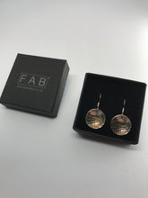 Load image into Gallery viewer, Unique 925 Sterling Silver Drop Earrings With Etched Orient Pattern Shown in Black Jewellery Box Oxidised Finish.