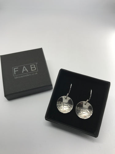 Unique 925 Sterling Silver Drop Earrings With Etched Orient Pattern Shown in Black Jewellery Box Bright Finish.