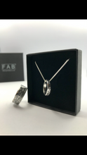 Load image into Gallery viewer, Handmade Sweetheart Wedding Ring Charm Mounted On Chain and Displayed In Black Jewellery Box With Full Size Ring Leant Against It.