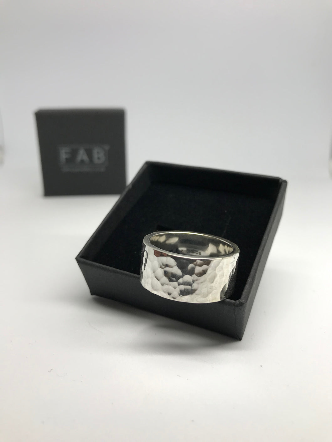 925 Sterling Silver Chunky Hammered Mens Ring Shown Inside Black Jewellery Box.