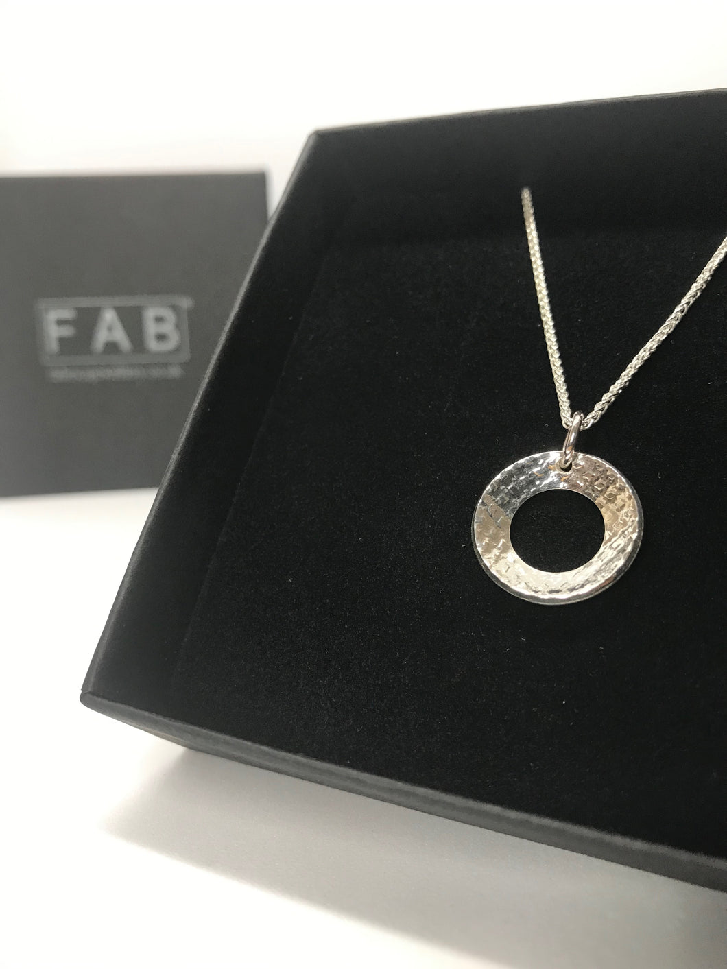 925 Sterling Silver Jewellery Pendant. Reflective and shiny, shown inside black Eco Friendly box.