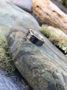 Camo - Handmade 925 Sterling Silver oxidised mens ring 10mm wide on top of rocks with Lichen Cornwall.