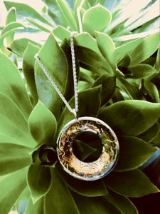 Radiance Pendant & Chain 24k Gold Sterling Silver Hanging Down From A Bright Green Succulent Plant.