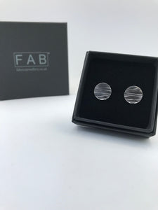 Handmade Sterling Silver Flat Round Linear Hammered  Earring 925 Size Medium. Displayed In Black Jewellery Box.