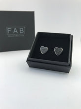 Load image into Gallery viewer, Handmade Hammered Texture Love Hearts Sterling Silver Stud Earring in black jewellery box.