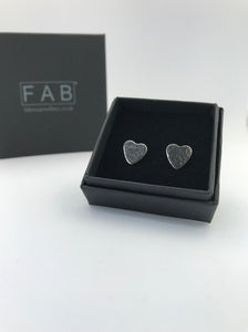 Handmade Hammered Texture Love Hearts Sterling Silver Stud Earring in black jewellery box.