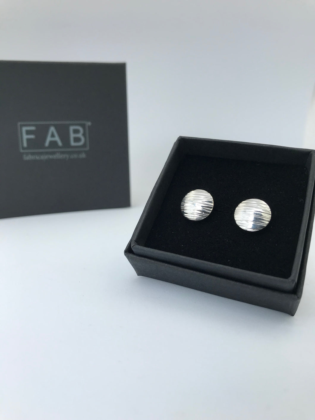 Handmade Sterling Silver Convex Domed Round Hammered Stud Earring In Box.