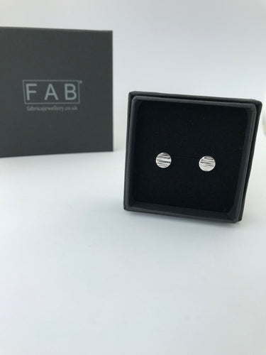 Handmade Sterling Silver Flat Round Linear Hammered  Earring 925 Size Small Displayed In Black Jewellery Box.