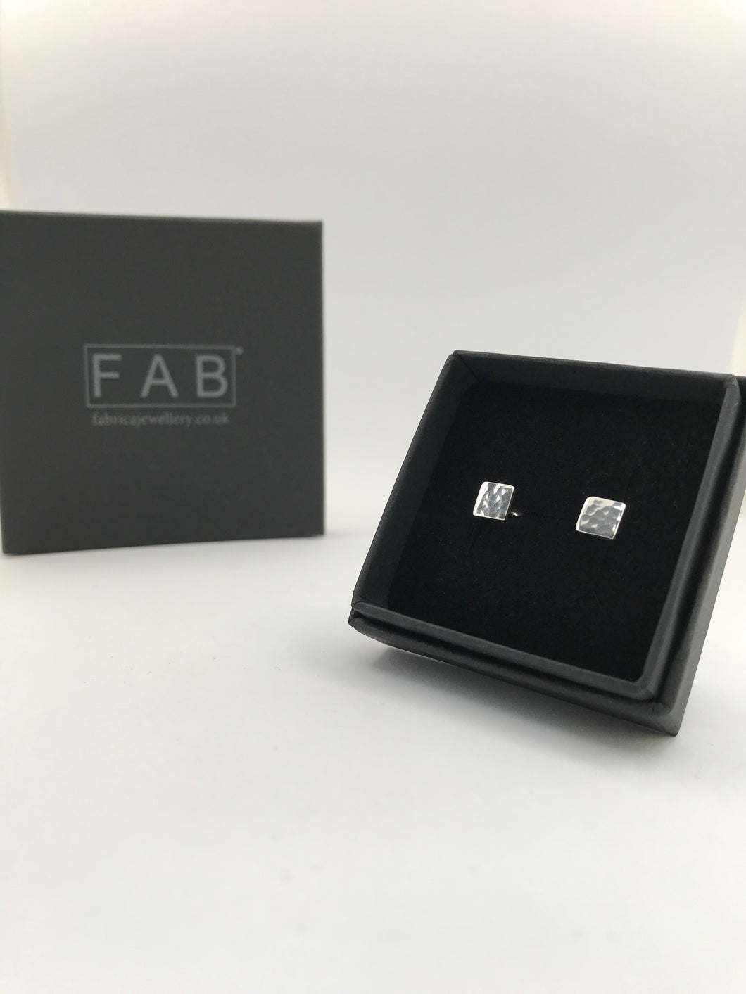 Handmade Square Sterling Silver Hammered Stud Earrings In Black Jewellery Box.