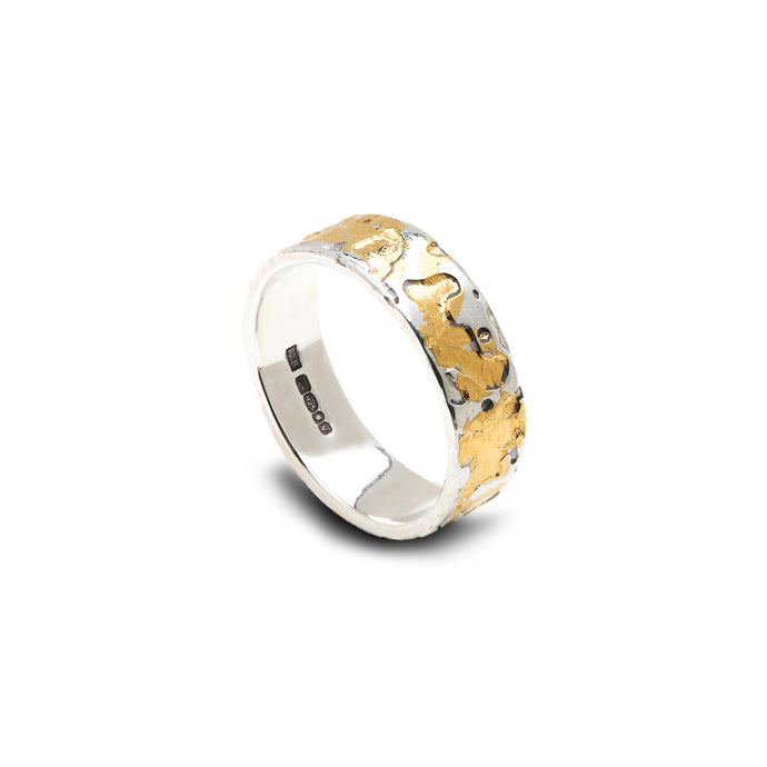  Handmade Sterling Silver 24k Gold Textured Ladies Ring 6mm Width Shining On White Background.