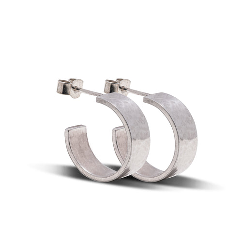 Hammered Texture 925 Sterling Hoop Earrings Side By Side On White Background.