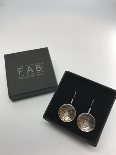 Unique Oxidised 925 Sterling Silver Etched Earrings Inside Black Jewellery Box. Handmade In Cornwall.