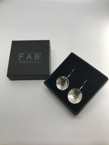 Unique Etched Horizon 925 Sterling Silver Earrings Shown In Jewellery Box. Bright Finish.