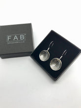 Load image into Gallery viewer, Threads silver etched pattern handmade drop earrings in jewellery box.