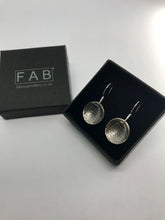 Load image into Gallery viewer, Oxidised Threads darkened silver handmade drop earrings in box.